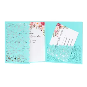 Detail of laser cut turquoise wedding invitation with floral printed card inserts