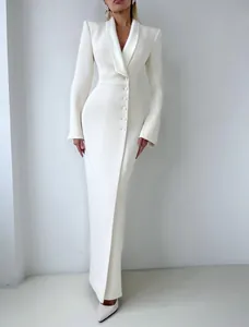 Elegant white slim fit blazer dress with lapel collar and side slit design