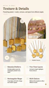 Gros plan d'un collier fleur de naissance 12 mois montrant le relief botanique et le pendentif carré