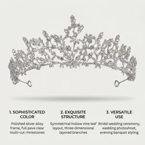 Detailed view of a silver vine rhinestone crown for bridal weddings and photoshoots.