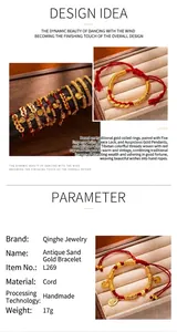 New Chinese style handmade red rope bracelet with sand gold charms and coins