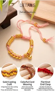 Detailed view of handmade braided bracelet with gold coins and adjustable knot.