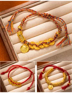 Handcrafted gold coin bracelets with Wealth God pendant on braided cord
