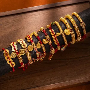 Traditional Chinese Style Red Rope Bracelet With Alloy Gold Color Lucky Coins Charms Adjustable Ethnic Jewelry For Unisex