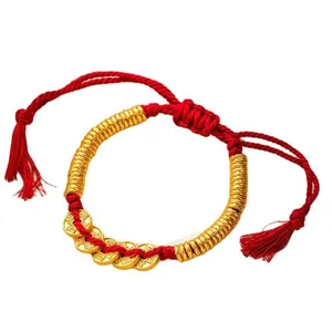 Traditional Chinese red braided string bracelet with gold beads and lucky coins