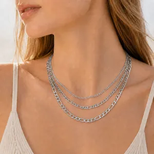 Layered stainless steel Figaro chain necklaces on model showing high-polish detail