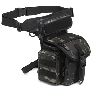 Detailansicht der taktischen Beintasche in Camouflage mit mehreren Taschen.