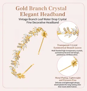 Detail view of a luxury gold leaf headband with sparkling rhinestones for bridal wedding hairstyles