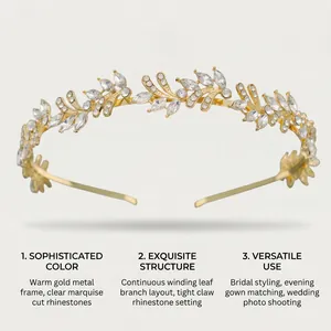 Close-up detail of leaf branch headband with clear marquise cut rhinestones in gold tone.