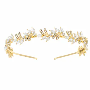 Luxury gold crystal leaf bridal headband for wedding and evening party styling