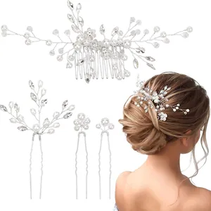 Ensemble d'Accessoires Cheveux Mariée 4pcs Peigne en Alliage Künstliche Perle Cristal Fleur Feuille et Épingles à Cheveux en U pour Mariage Femme