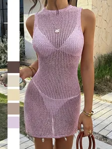 Damen Häkeln Strick Netz Minikleid Ärmellos V-Ausschnitt Körperbetont Strand Cover Up Quasten Saum Muschel Charme Y2K Sexy Urlaub