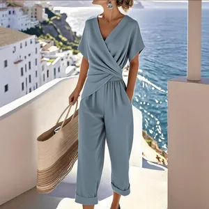 Elegant Women V-Neck Short Sleeve Jumpsuit Solid Color Loose Wide Leg Pant Set Summer Casual Fashion Commute Jumpsuit