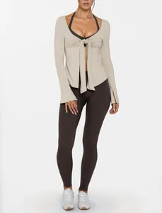 Cardigan de yoga à nouer doux à séchage rapide et leggings marron moulants de qualité