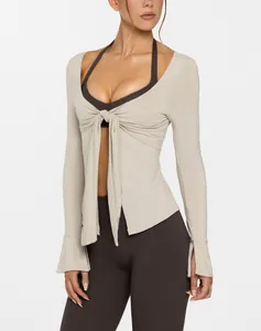 Cardigan de yoga beige à nouer pour femme, manches longues, séchage rapide et coupe ajustée