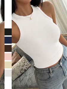 Women Halter Neck Tank Top Viscose Elastane Ribbed Knit Sleeveless Slim Fit Racerback Casual Sport Summer Solid Color Top