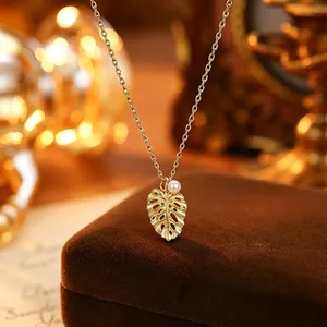 French Vintage S925 Sterling Silver Monstera Leaf Pendant Necklace With Shell Artificial Pearl Elegant Gold Plated Brushed Jewelry