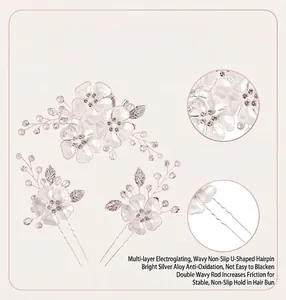 Dettaglio del set di accessori per capelli da sposa in argento con petali e strass
