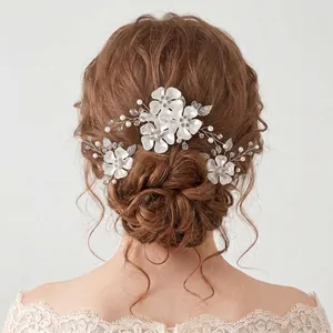 Fermaglio Per Capelli E Forcine Con Fiori In Raso Bianco Fatti A Mano Elegante Perla Artificial Strass Lega Foglia Gioielli Per Capelli Da Sposa Donna