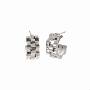 Minimalist hip-hop style stainless steel hoop earrings with unique watchband texture