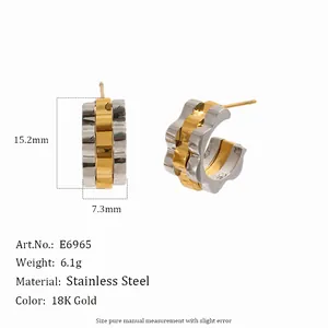 Two-tone stainless steel hoop earrings with 18K gold plated watchband texture design