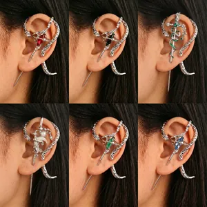 Dark gothic snake ear wrap cuffs with various colored gemstones and piercing pin
