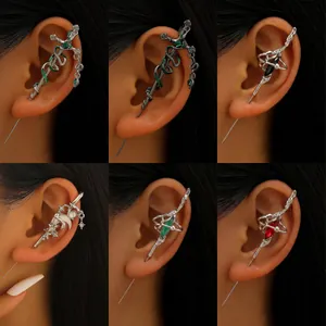 Gothic dark snake ear cuffs and punk sword stud earrings set for women in silver finish