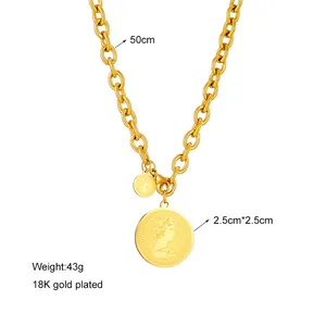 Detail view of 18K gold plated coin pendant necklace with dimensions and weight