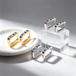 U-shaped stainless steel earrings with colorful square zircon in gold and silver