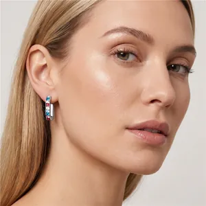 Close-up view of U-shaped stainless steel hoop earrings with multi-color cubic zirconia.