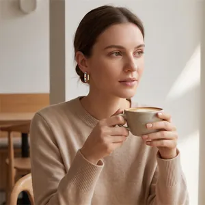 Lifestyle view of model wearing gold U-shaped earrings with colorful zircon stones