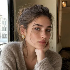 Elegant 18K gold plated pearl earrings worn by a model in a casual indoor setting