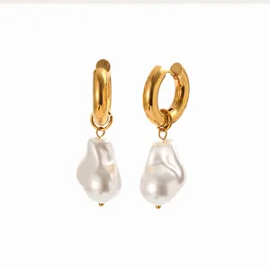 Elegant 18K gold plated stainless steel chunky hoop earrings with natural baroque pearls