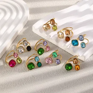 Adjustable Stainless Steel Open Ring For Women 18K Gold Plated Geometric Colorful Rhinestone Statement Fashion Jewelry Ring