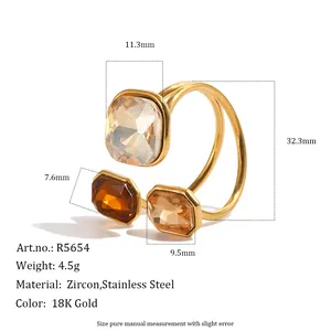 Detailed size guide for 18K gold plated stainless steel open ring with colored zircons