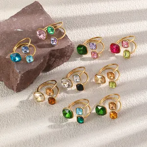 Elegant 18K gold plated stainless steel open rings with colorful geometric crystals
