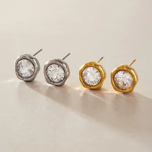 Cubic Zirconia Stud Earrings Stainless Steel Round Golden Geometric Minimalist Fashion Jewelry For Women
