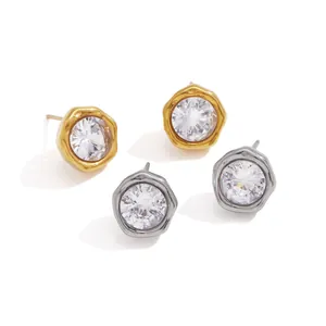Elegant stainless steel stud earrings with round cubic zirconia stones in gold and silver finish