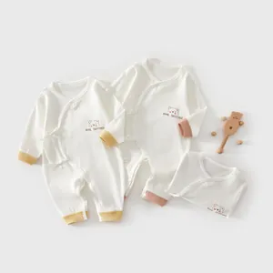 Body Nouveau-né en Coton à Manches Longues Barboteuse Respirante Gaufre Imprimé Ours Pyjama Fin pour Nourrisson
