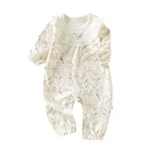 Barboteuse à manches longues en pur coton doux pour bébé avec motif floral et oiseaux