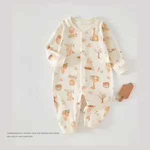 Soft Cotton Baby Romper Animal Print Long Sleeve Jumpsuit Newborn Infant Cartoon Forest Sleepwear Snap Button Body Suit