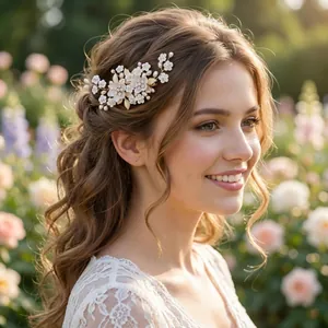 Seitenansicht der Brauthaarklammer mit handgefertigten Keramikblumen und weißen Perlen