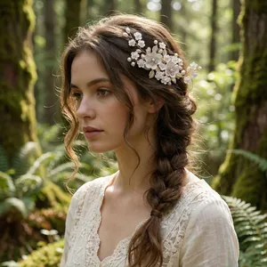 Vintage handgefertigte Haarspange mit weißen Blumen, Perlen und Strass im grünen Wald