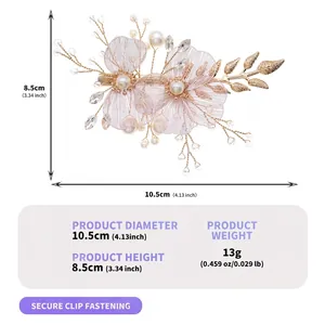 Detailed size guide for gold mesh flower bridal hair clip with pearls and crystals