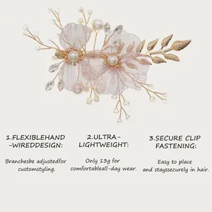 Detailed feature view of handmade bridal hair clip with hollow wire flowers and crystals