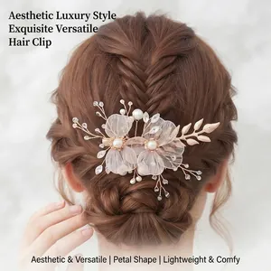 Handmade Mesh Flower Bridal Hair Clip Gold Alloy With Imitation Artificial Pearl Rhinestone Leaf Wedding Elegant Headwear For Women