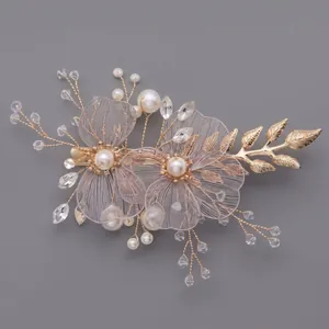 Bridal handmade crystal and pearl hair clip with gold wire hollow flowers for weddings