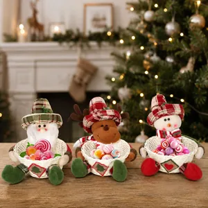 Christmas Candy Basket Plush Santa Snowman Reindeer Woven Bamboo Storage Basket Xmas Desktop Ornament Party Decoration Gift