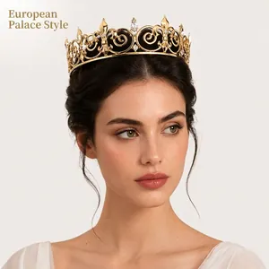 Detailed view of a vintage golden rhinestone crown worn by a model for parties.