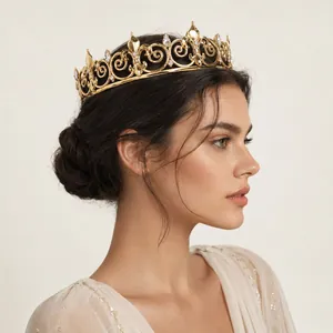 Close-up of a vintage gold crown with intricate scrollwork and sparkling rhinestones